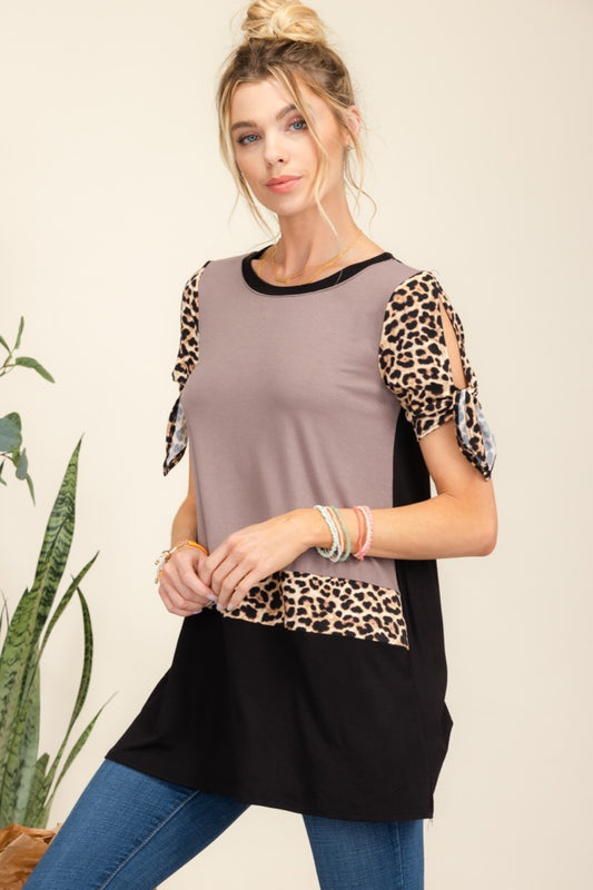 Open Tie Short Sleeve Leopard Color Blocked Top