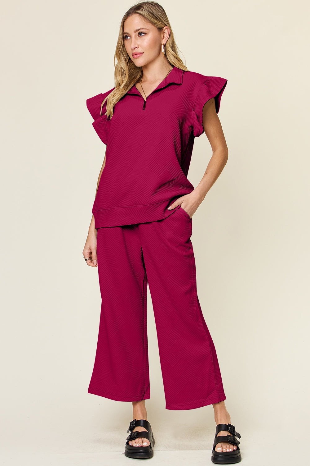 Ruffle Short Sleeve Top and Drawstring Wide Leg Pants Set