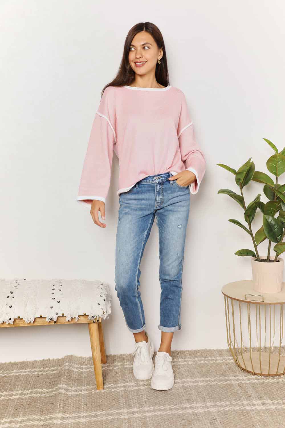 Contrast Detail Dropped Shoulder Long Sleeve Knit Top