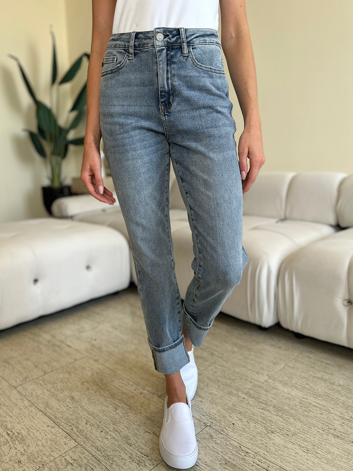 High Waist Cuff Hem Skinny Jeans