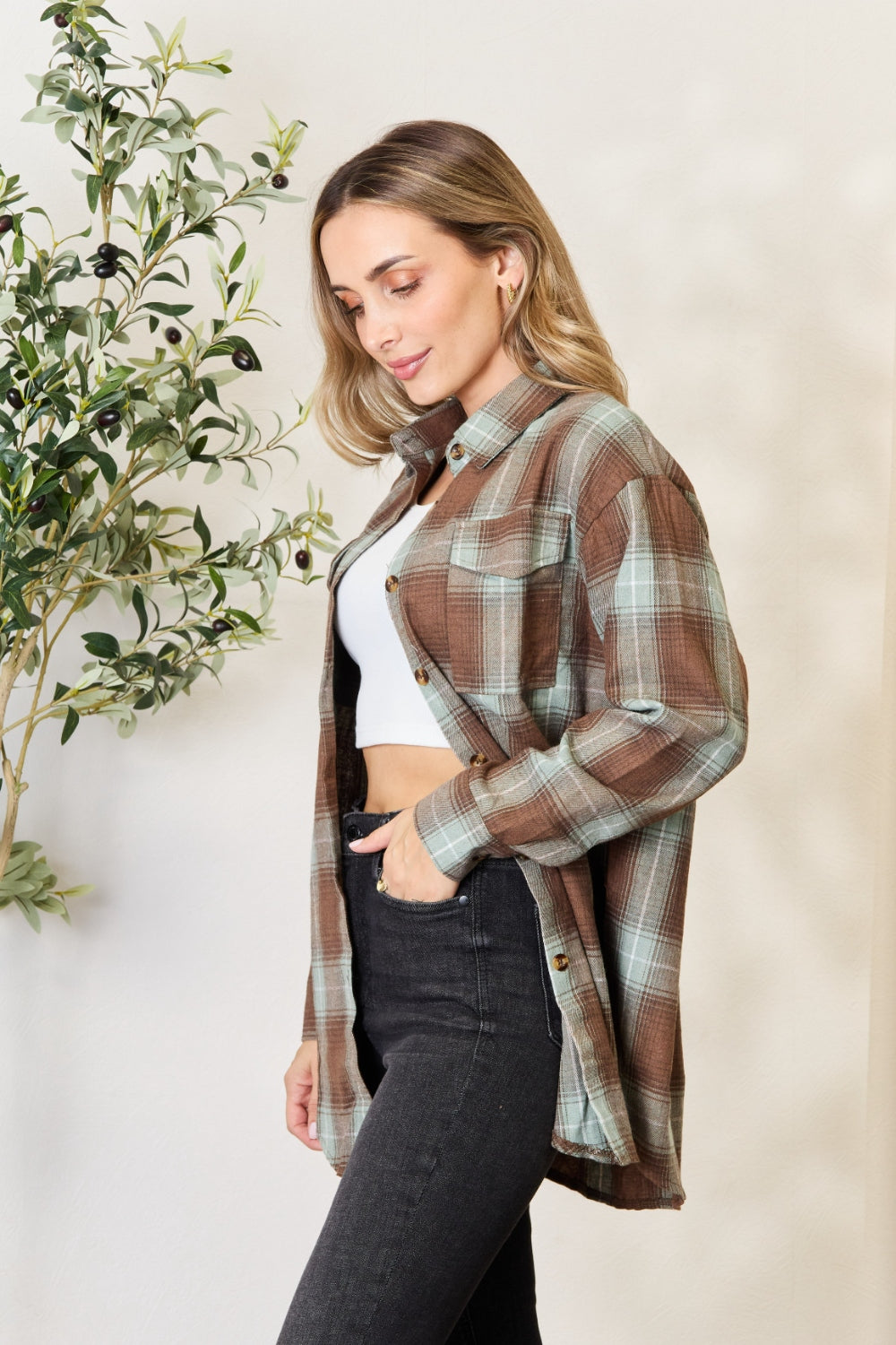 Plaid Dropped Shoulder Long Sleeve Shirt