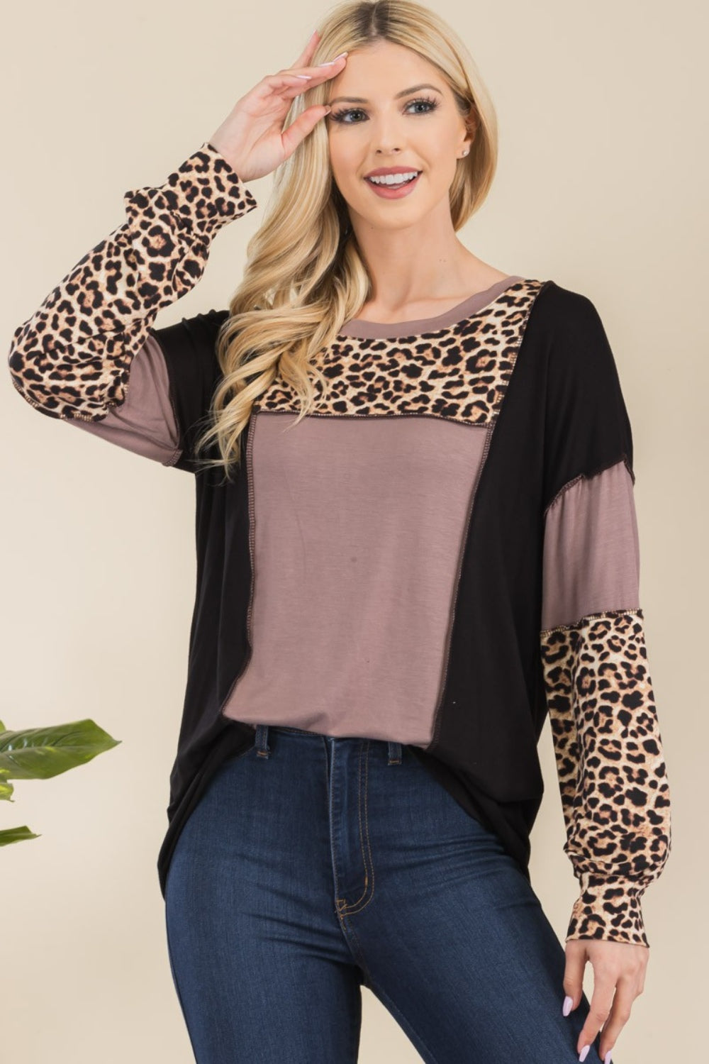 Leopard Color Block Exposed Seam Long Sleeve T-Shirt