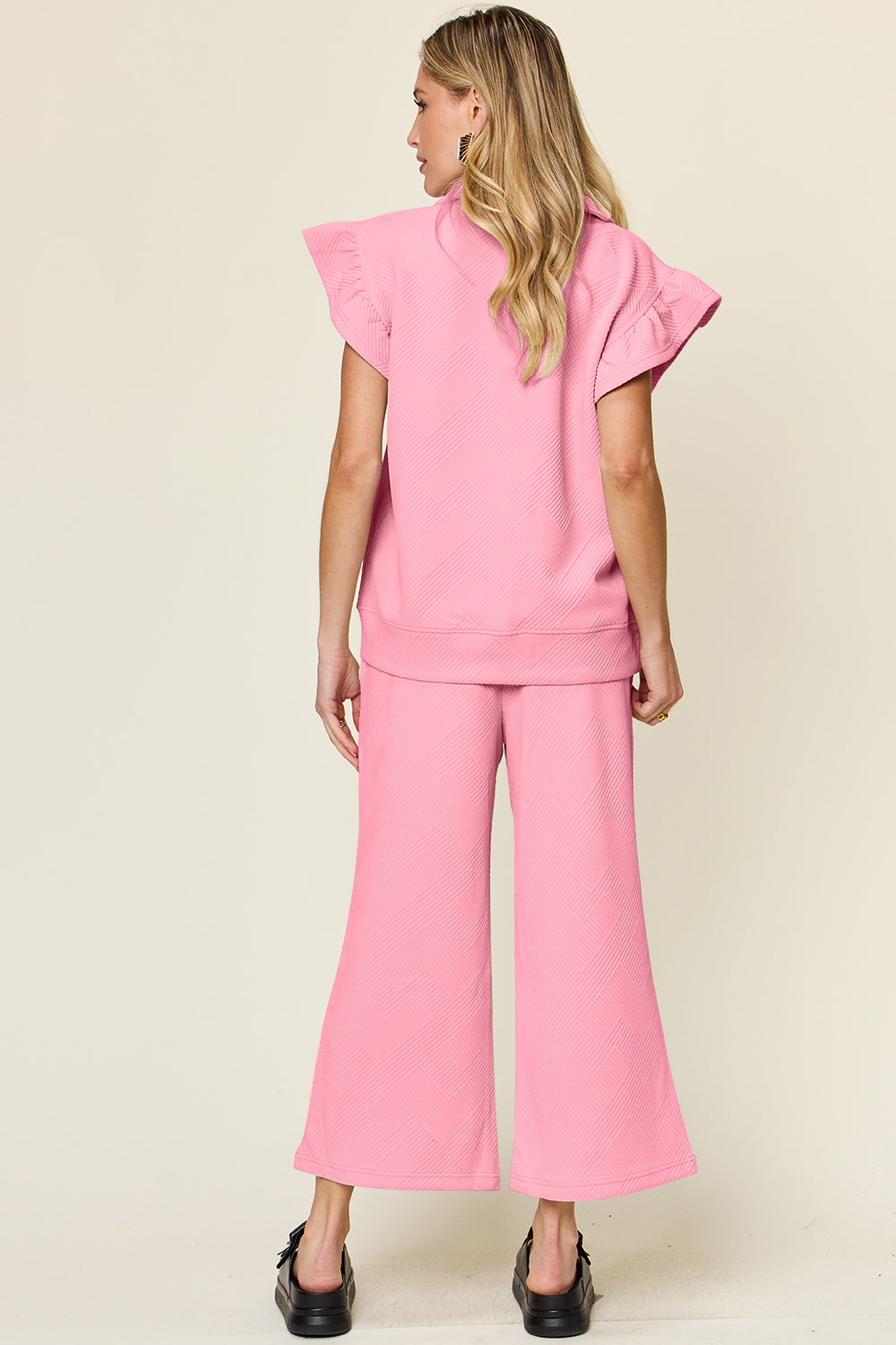 Ruffle Short Sleeve Top and Drawstring Wide Leg Pants Set