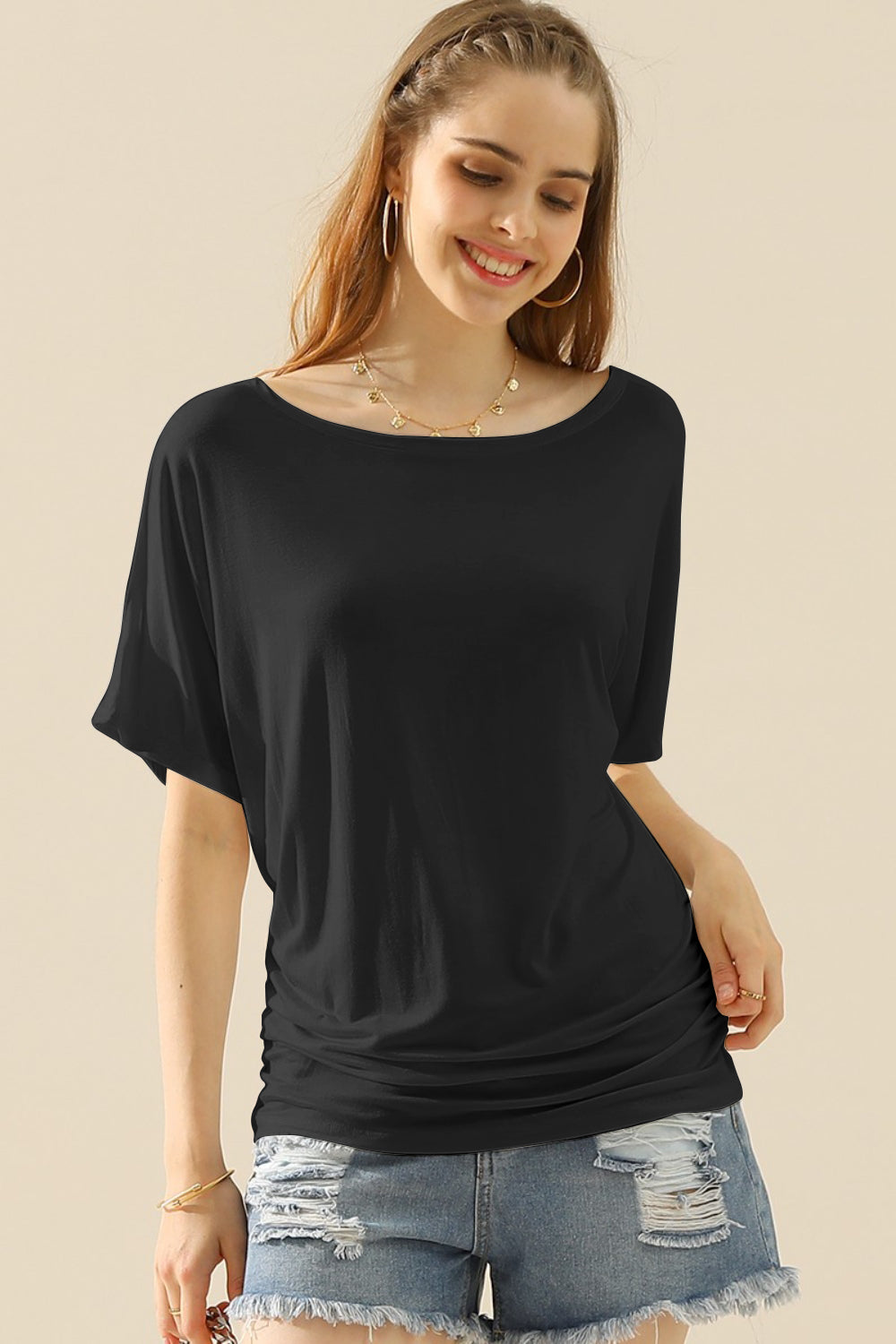 Boat Neck Short Sleeve Ruched Side Top