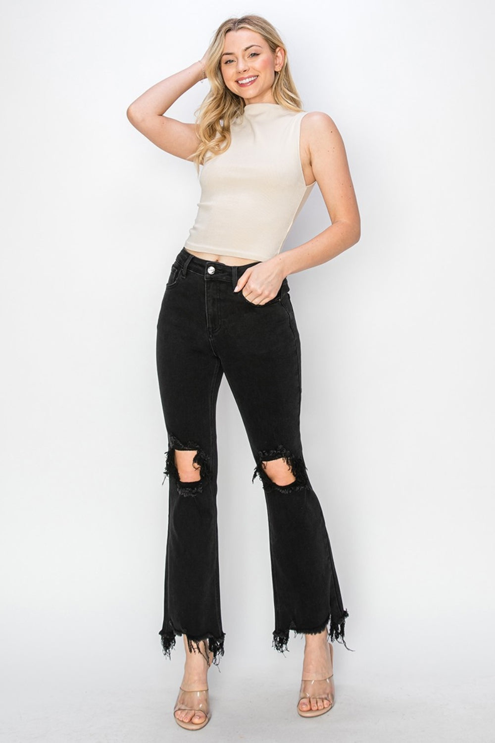 Distressed Raw Hem Jeans with Pockets