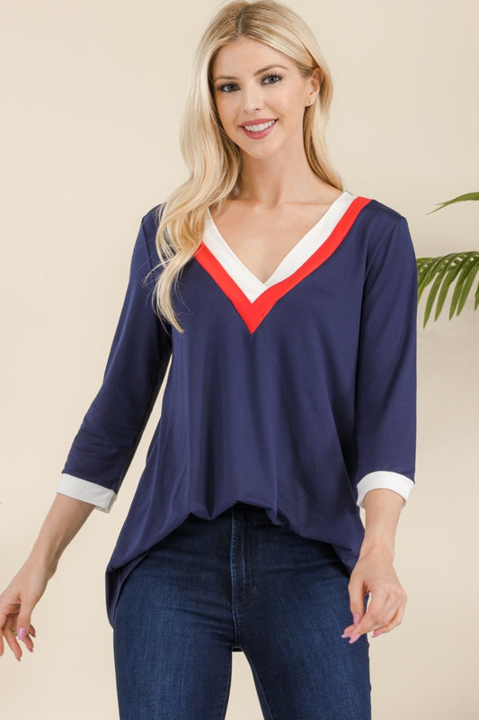 Celeste Full Size V-Neck Contrast Long Sleeve T-Shirt