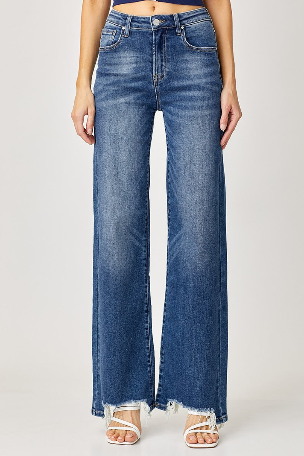 High Rise Frayed Hem Wide Leg Jeans