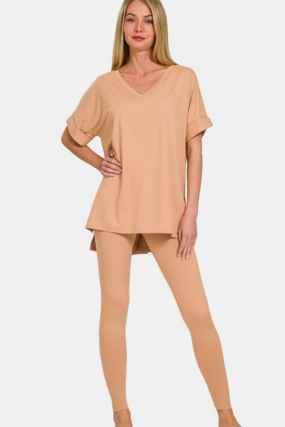 V-Neck Rolled Short Sleeve T-Shirt and Leggings Lounge Set