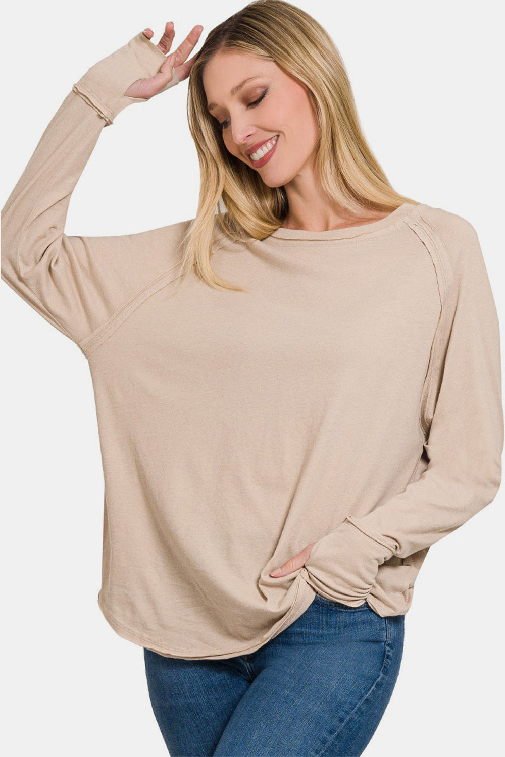 Round Neck Thumbhole Long Sleeve Top