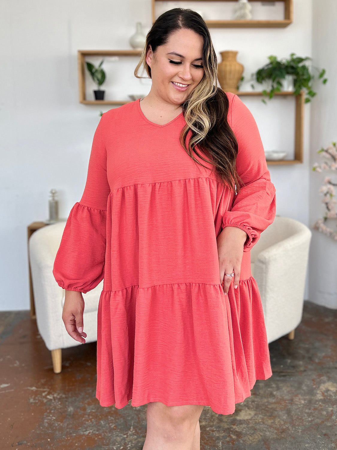 V-Neck Balloon Sleeve Tiered Mini Dress with Pockets