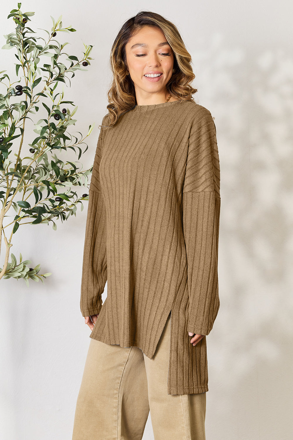 Ribbed Round Neck Long Sleeve Slit Top