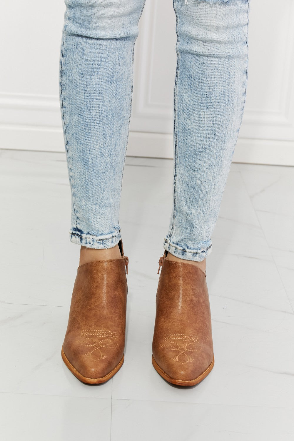 Trust Yourself Embroidered Crossover Cowboy Bootie in Caramel