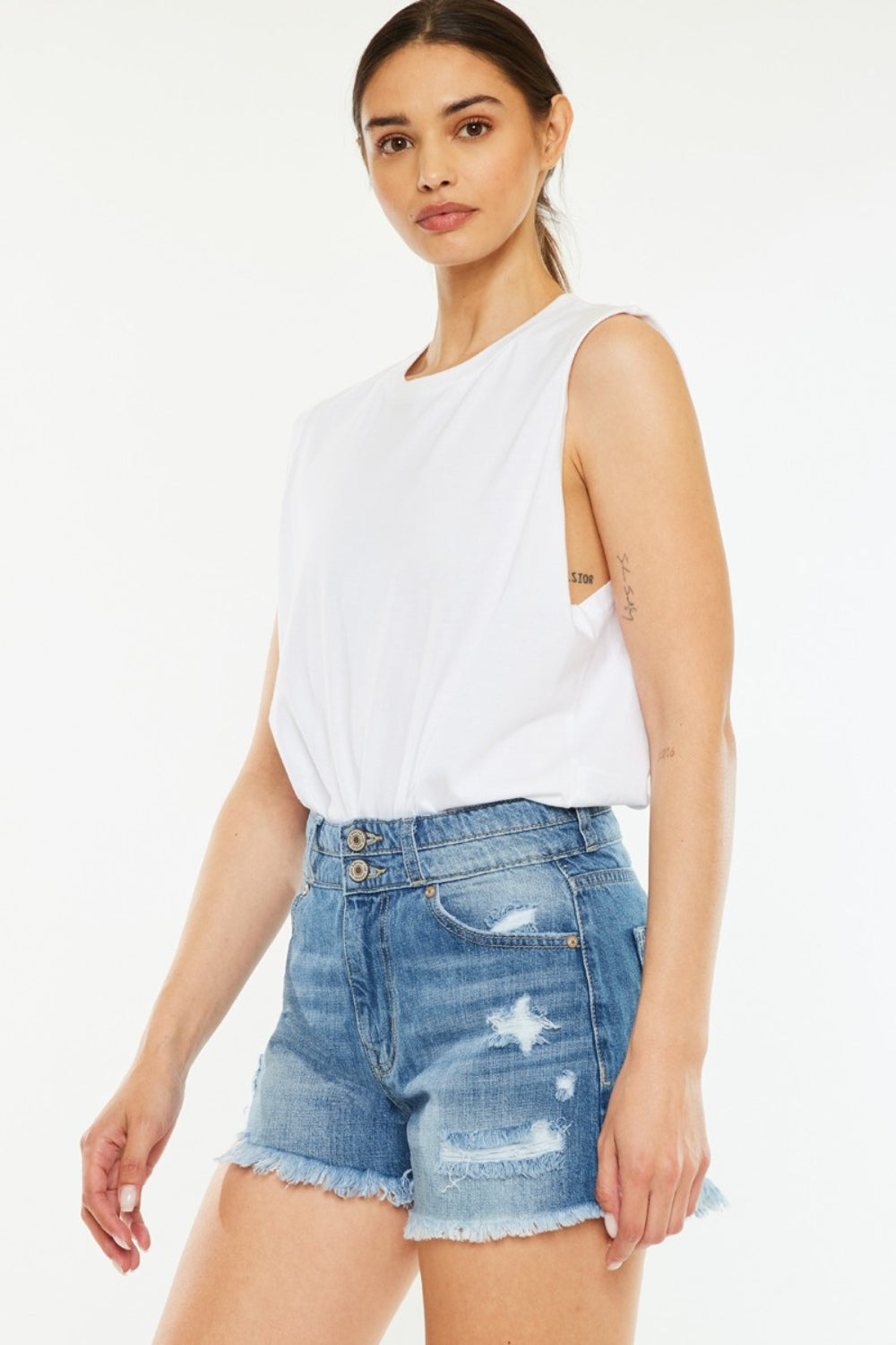 High Rise Raw Hem Denim Shorts