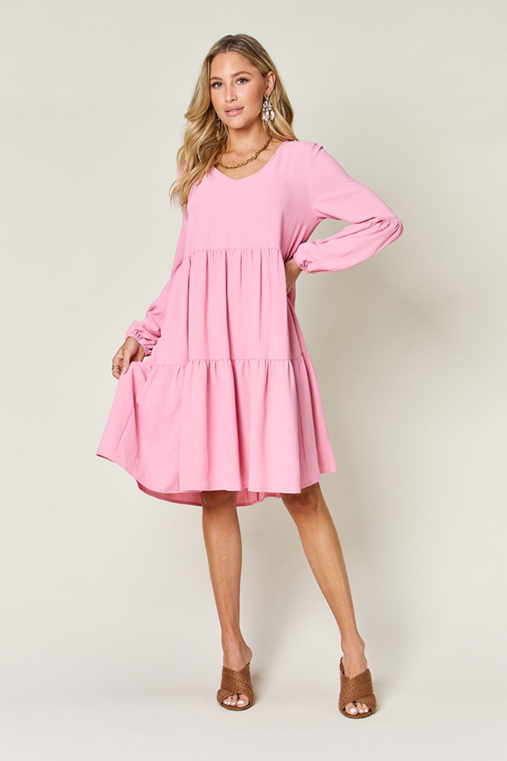 V-Neck Balloon Sleeve Tiered Mini Dress with Pockets