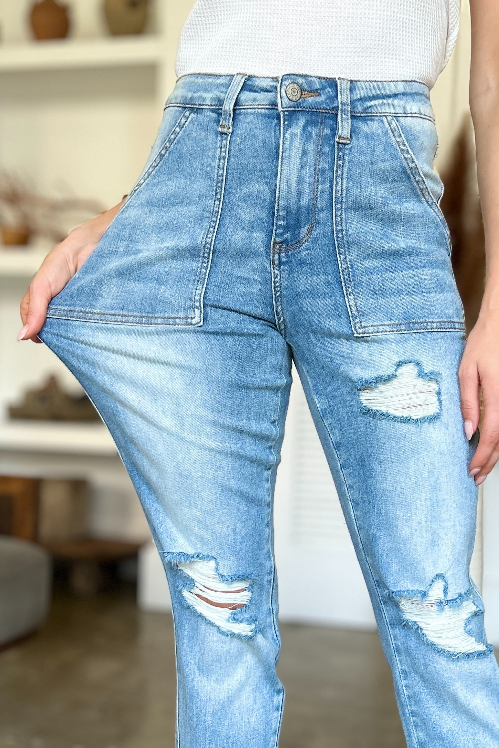 Distressed Straight Jeans with Patch Pockets