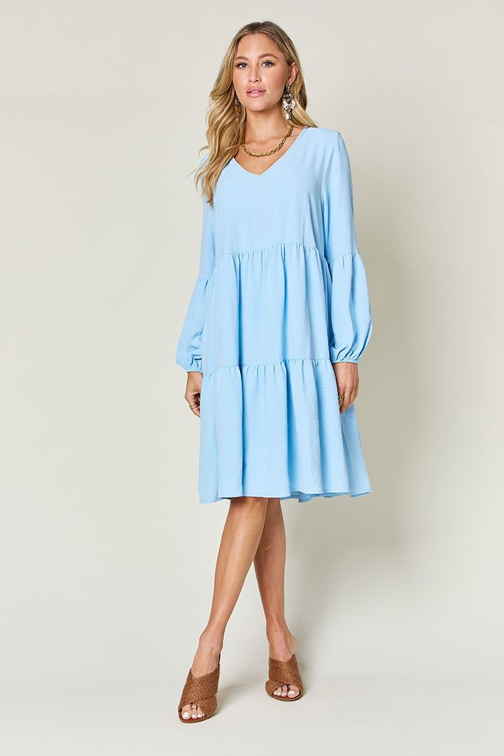 V-Neck Balloon Sleeve Tiered Mini Dress with Pockets