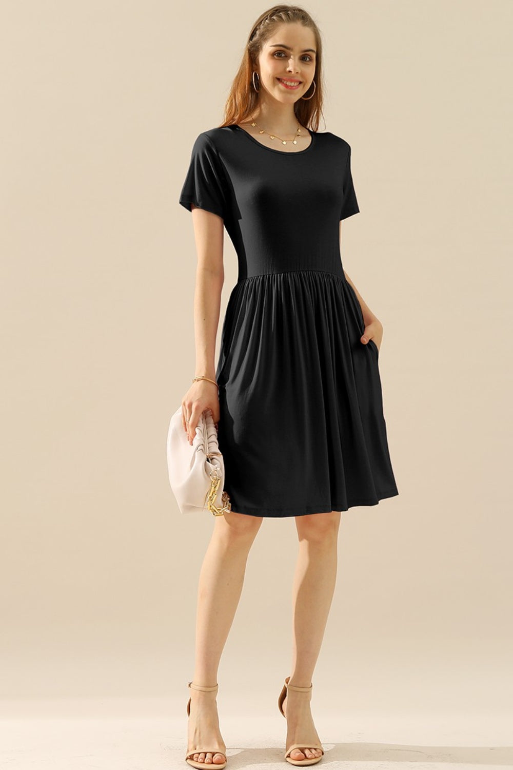 Round Neck Ruched Dress with Pockets