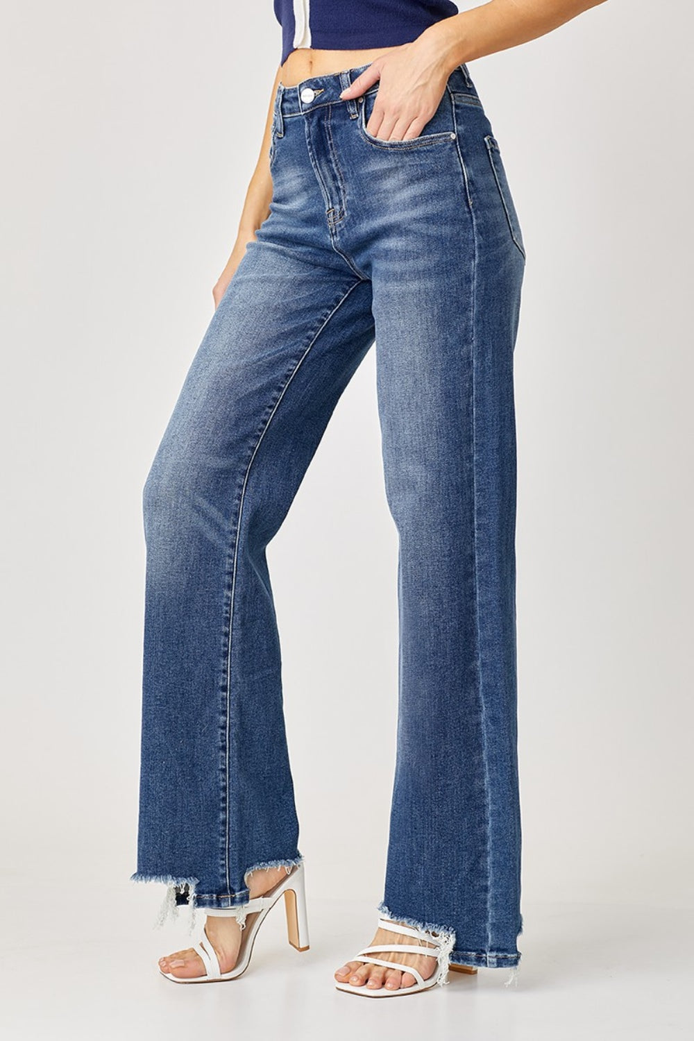 High Rise Frayed Hem Wide Leg Jeans