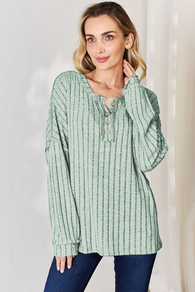 Ribbed Half Button Long Sleeve T-Shirt