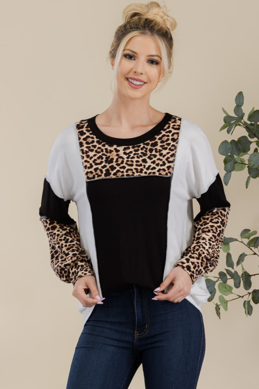 Leopard Color Block Exposed Seam Long Sleeve T-Shirt