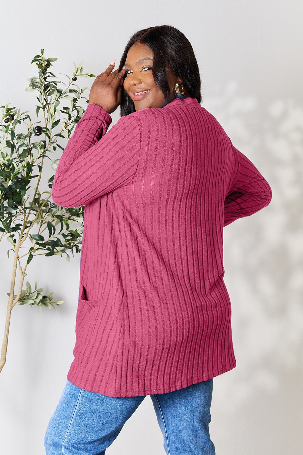 Ribbed Open Front Cardigan with Pockets