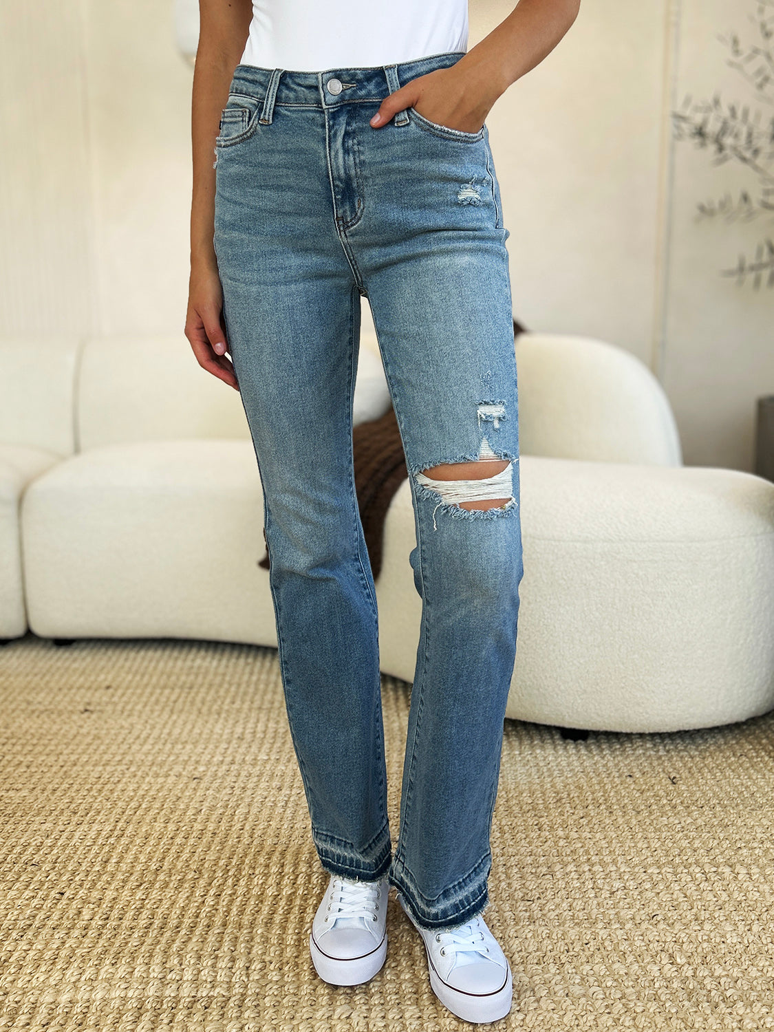 Mid Rise Destroyed Hem Distressed Jeans