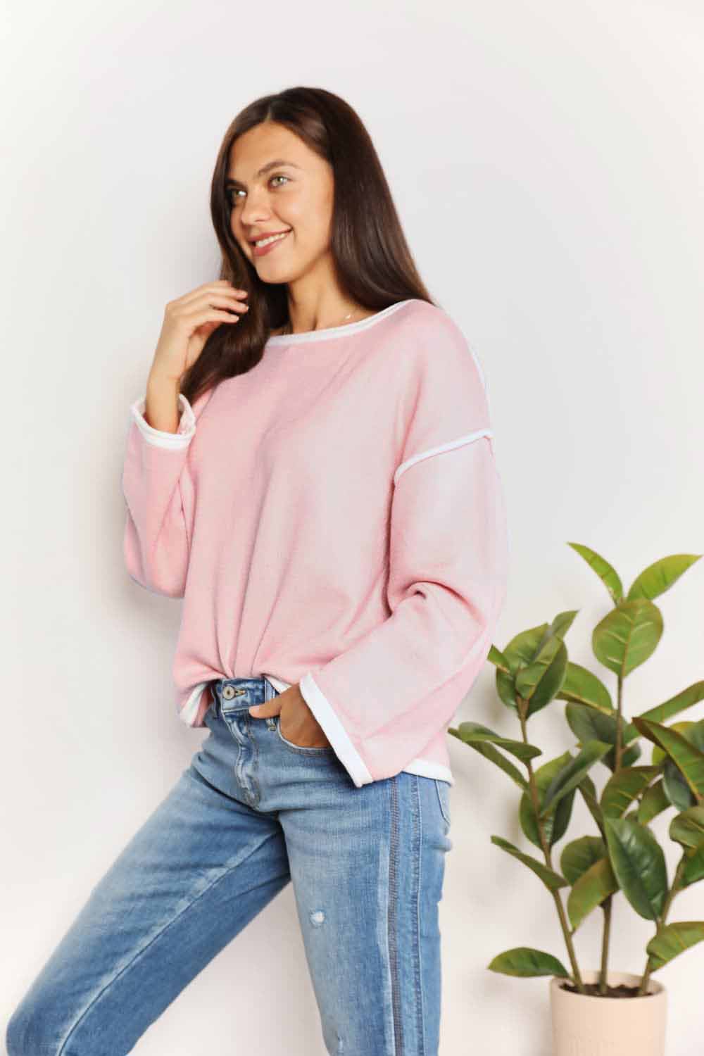 Contrast Detail Dropped Shoulder Long Sleeve Knit Top