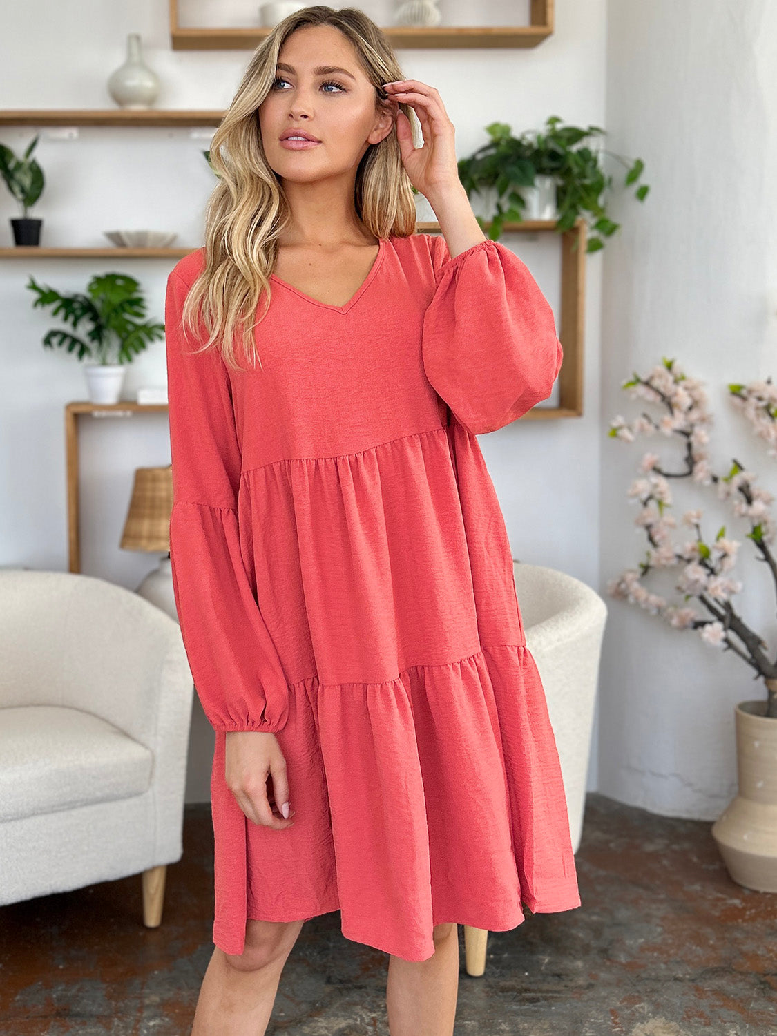 V-Neck Balloon Sleeve Tiered Mini Dress with Pockets