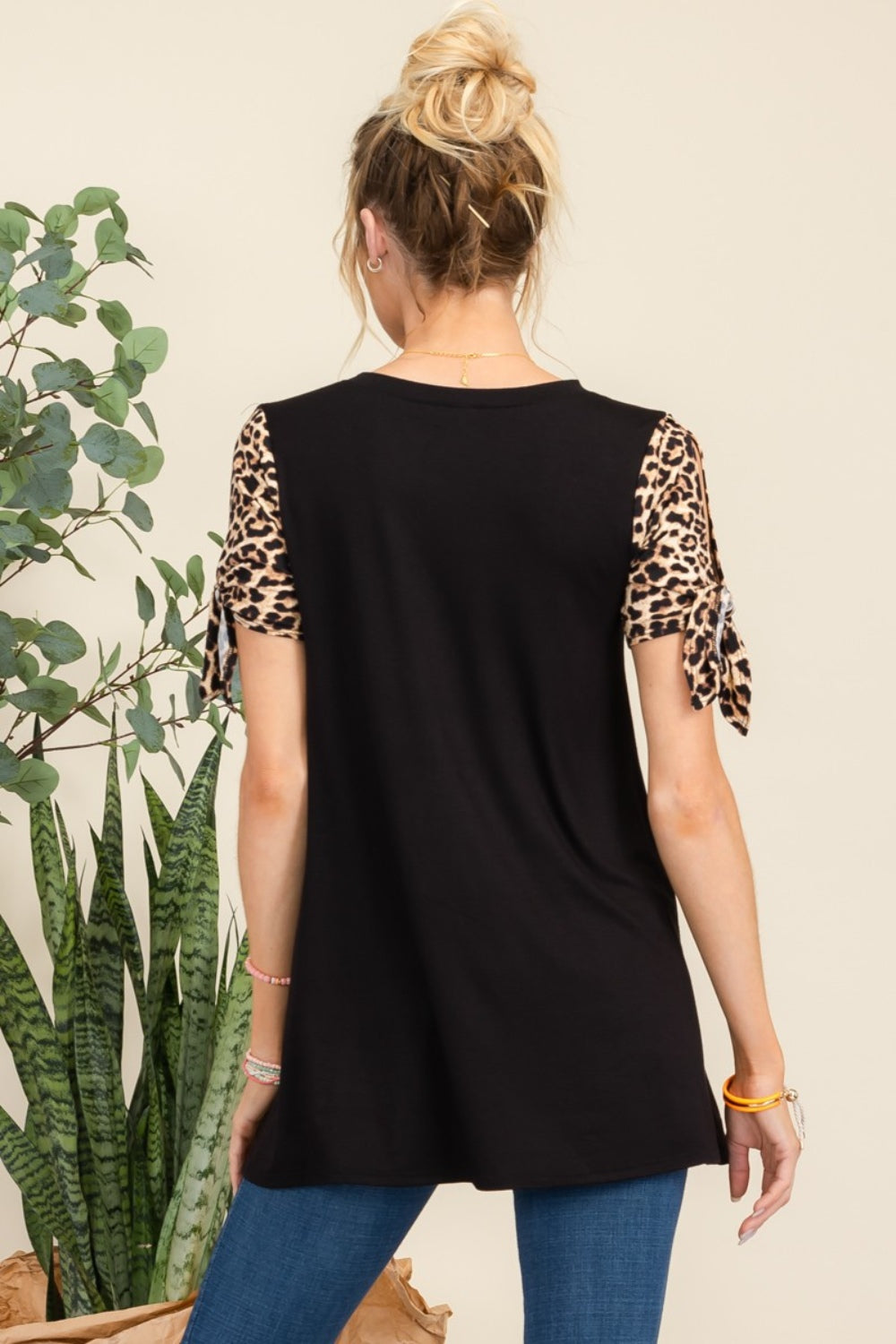 Open Tie Short Sleeve Leopard Color Blocked Top