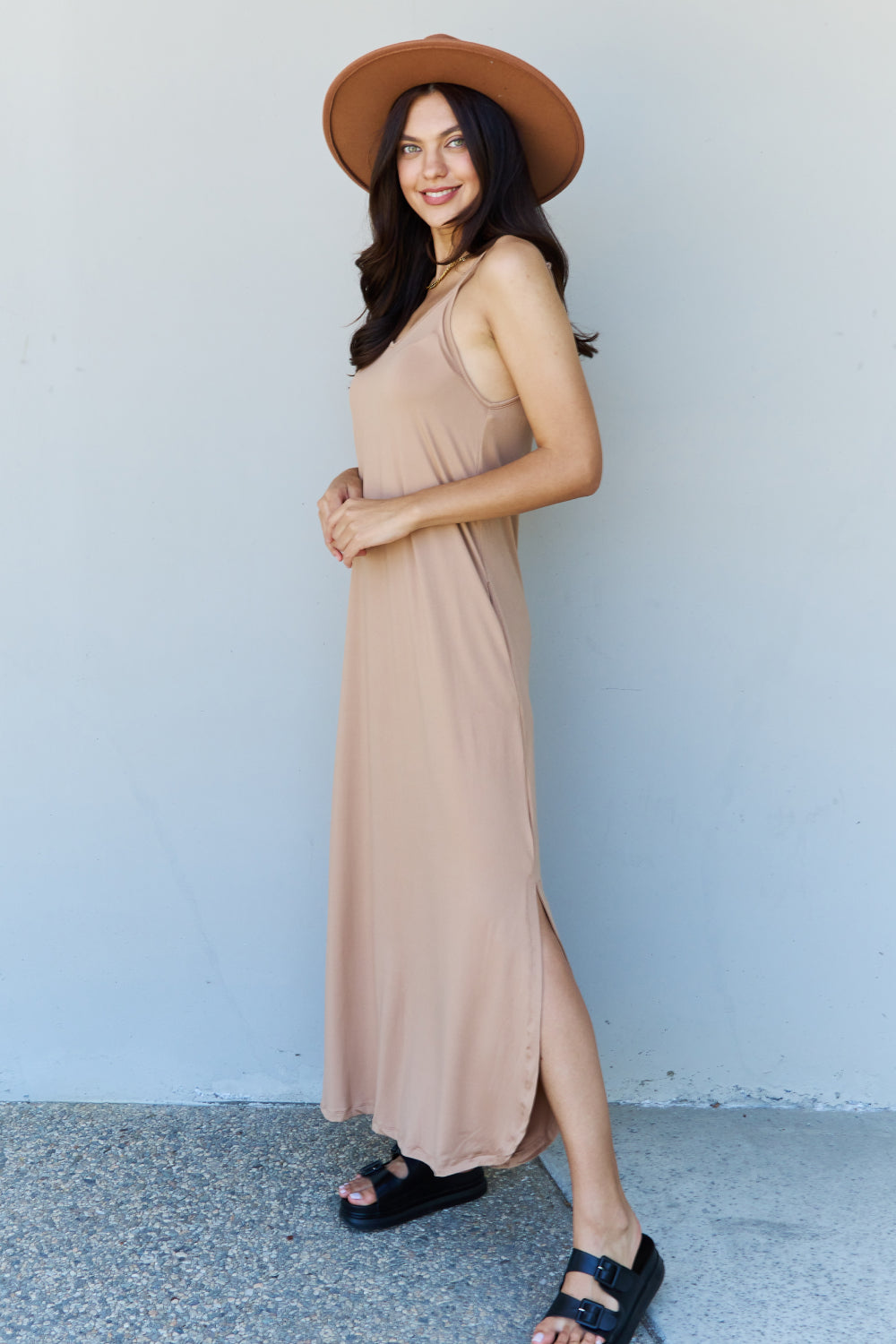 Good Energy Cami Side Slit Maxi Dress in Camel