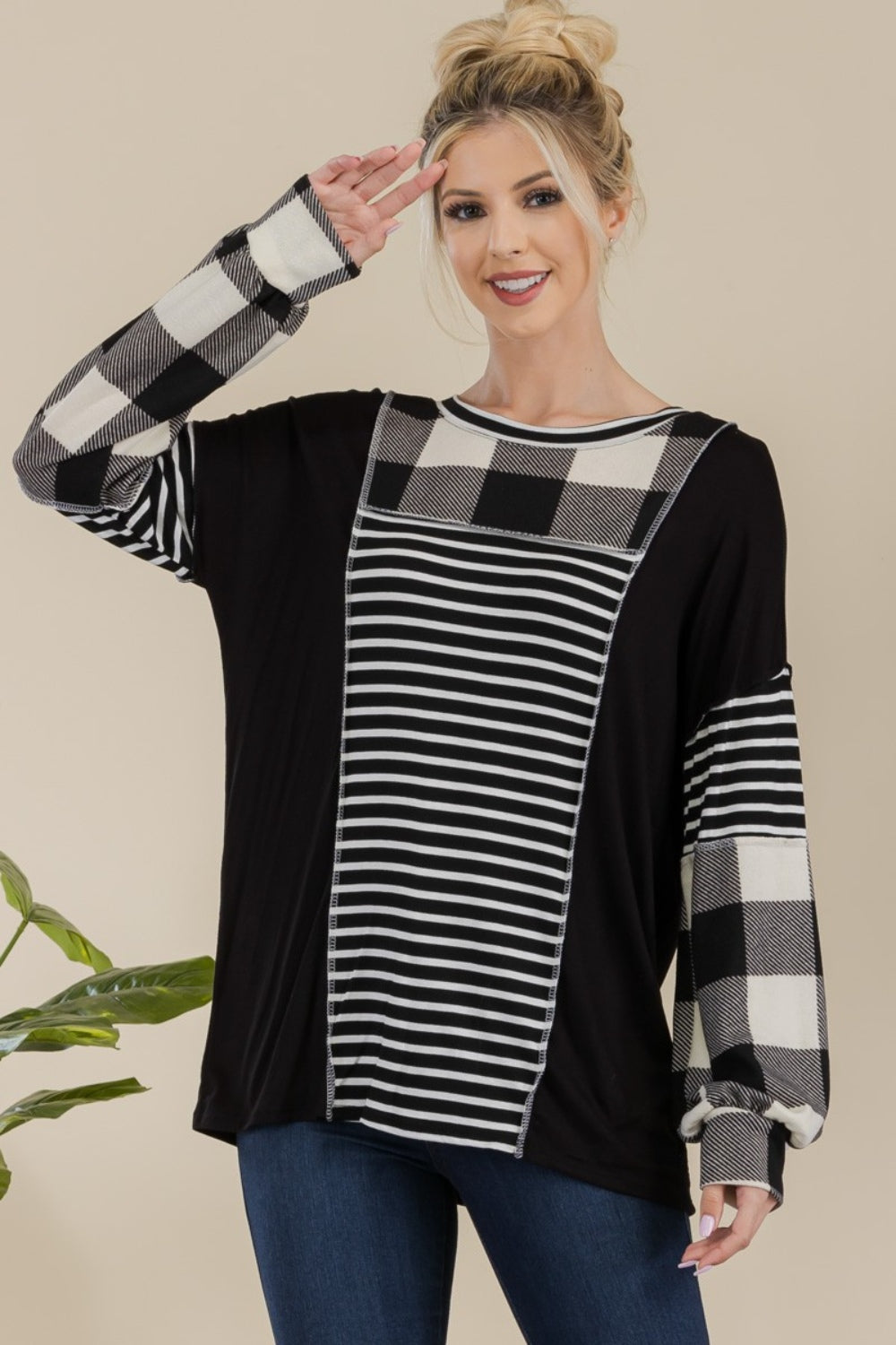 Color Block Exposed Seam Long Sleeve T-Shirt