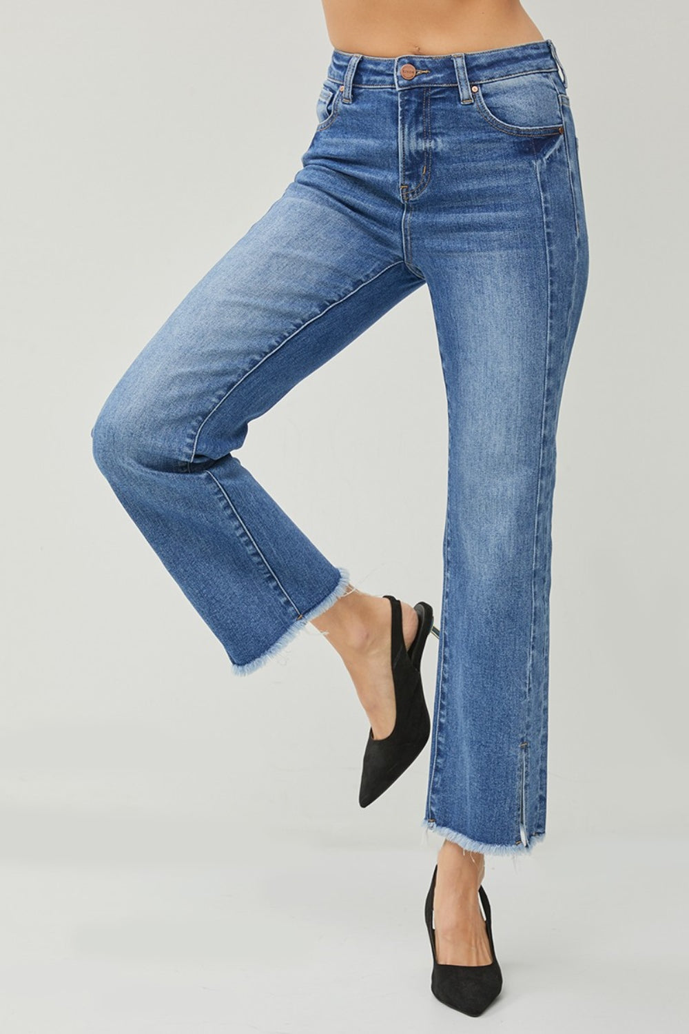 High Waist Raw Hem Slit Straight Jeans