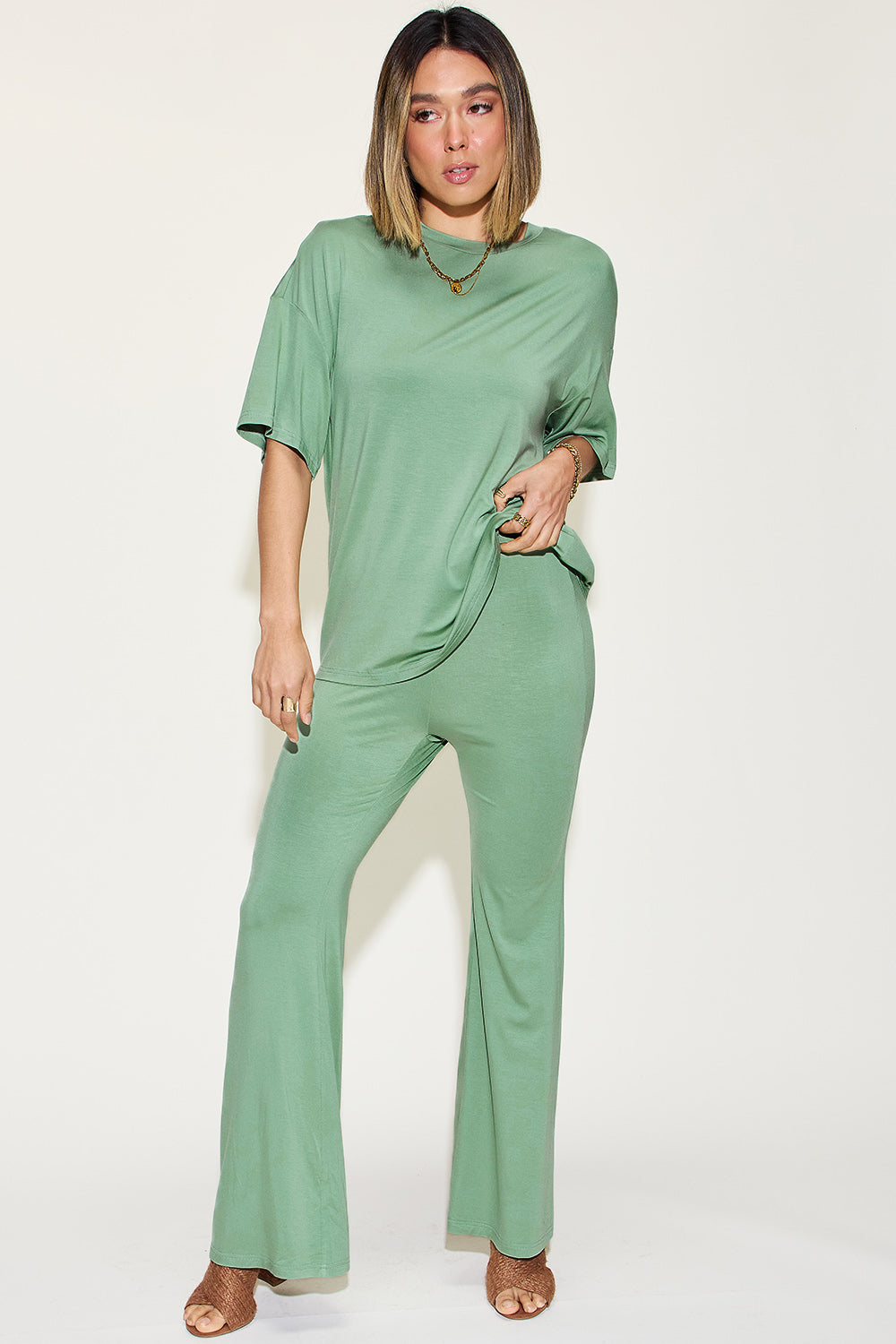 Bamboo Drop Shoulder T-Shirt and Flare Pants Set