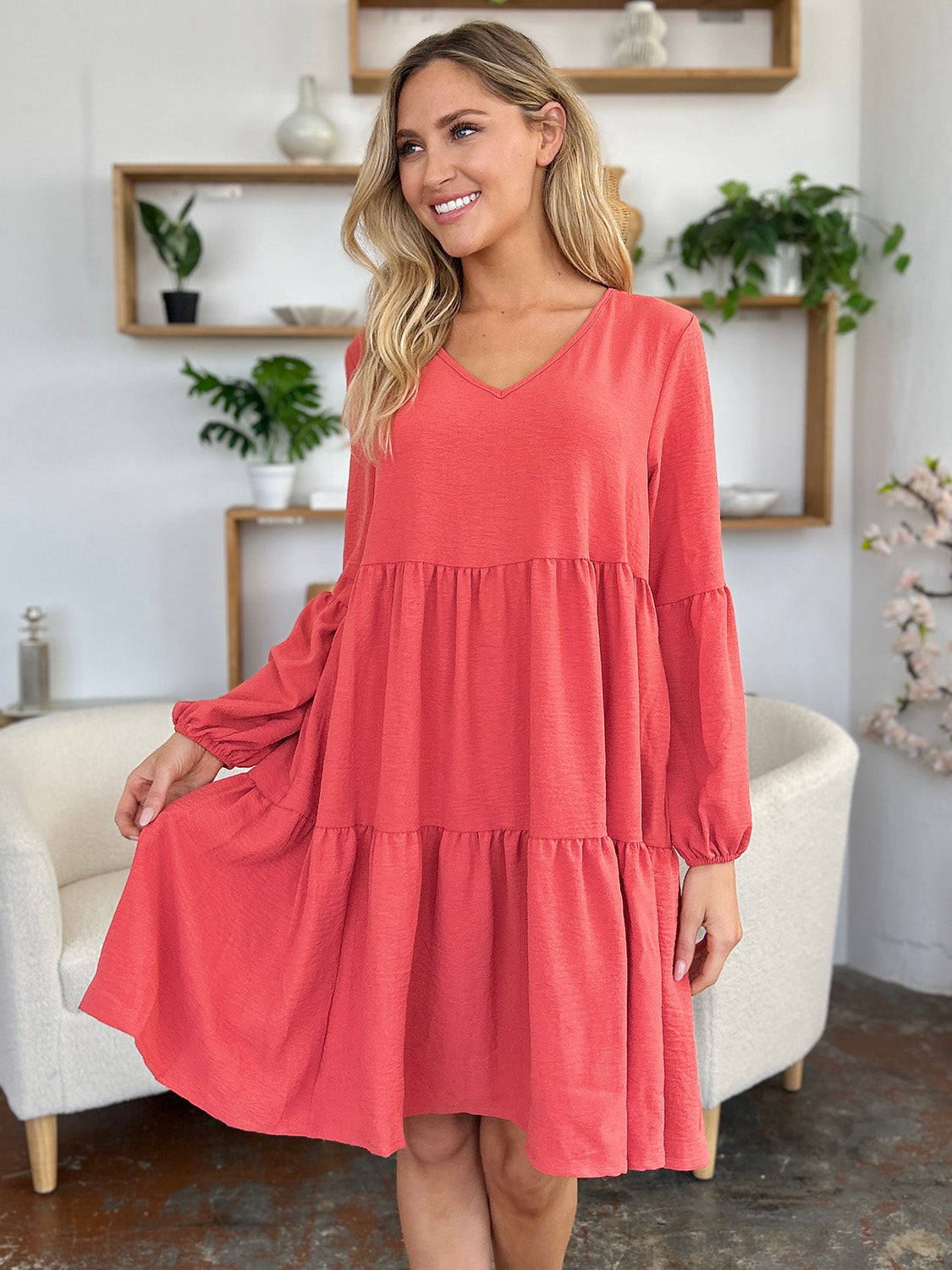 V-Neck Balloon Sleeve Tiered Mini Dress with Pockets