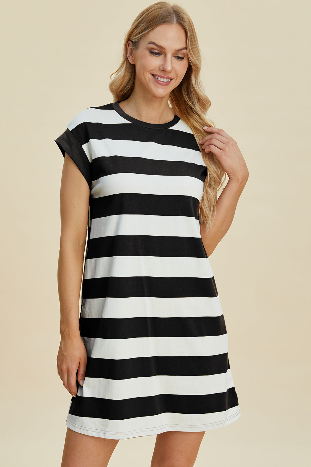 Striped Round Neck Cap Sleeve Mini Dress