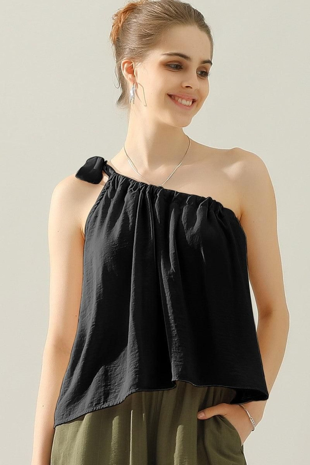 One Shoulder Bow Tie Strap Satin Silk Top