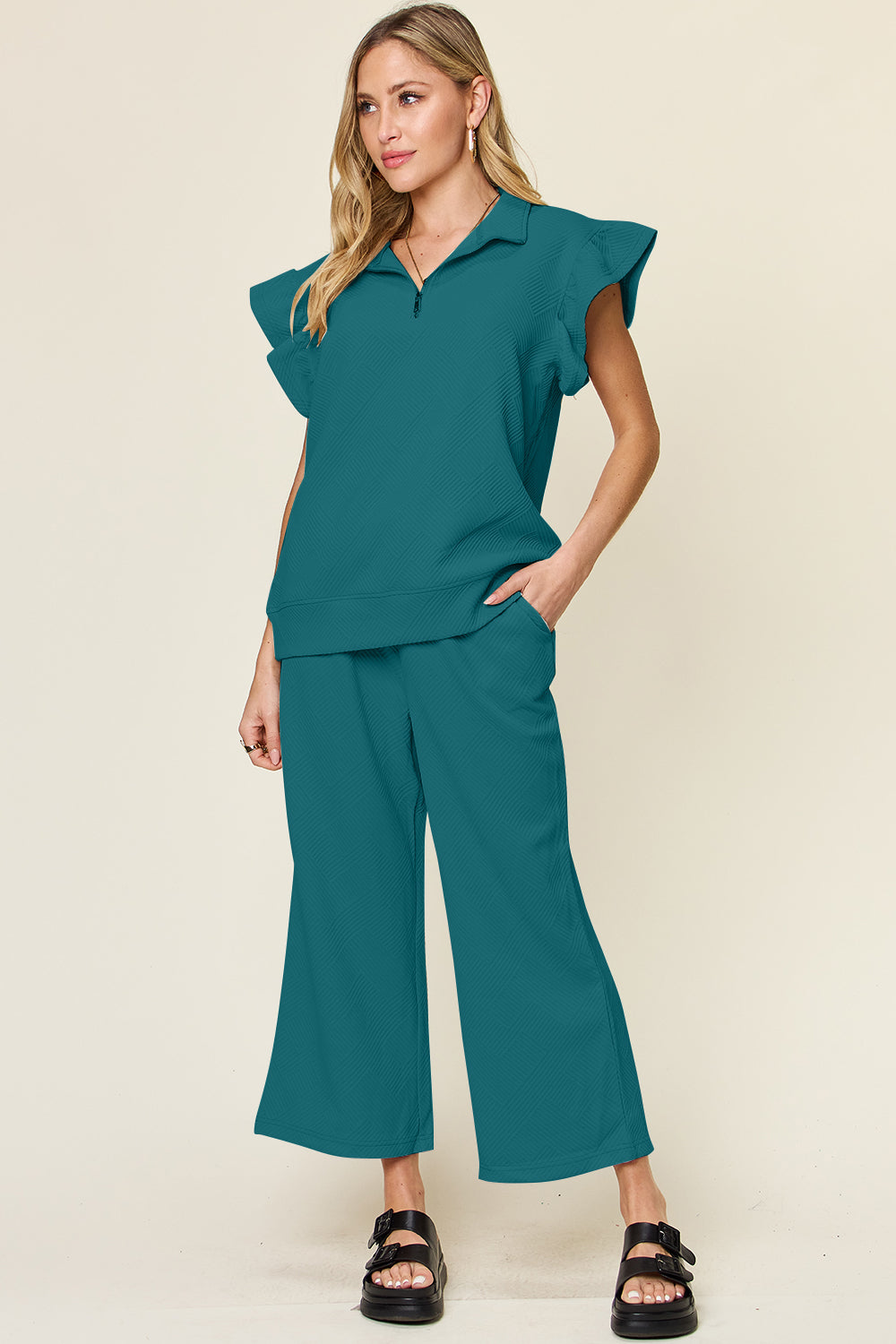 Ruffle Short Sleeve Top and Drawstring Wide Leg Pants Set