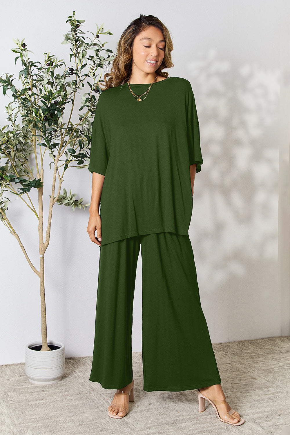 Round Neck Slit Top and Pants Set