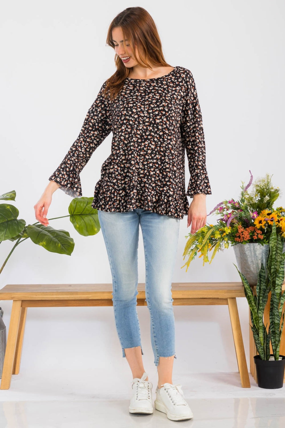 Floral Ruffle Detail Long Sleeve Top