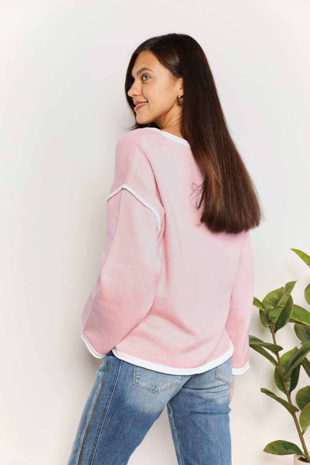 Contrast Detail Dropped Shoulder Long Sleeve Knit Top