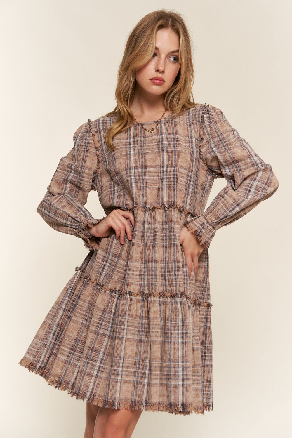 Washed Frayed Tiered Plaid Dress