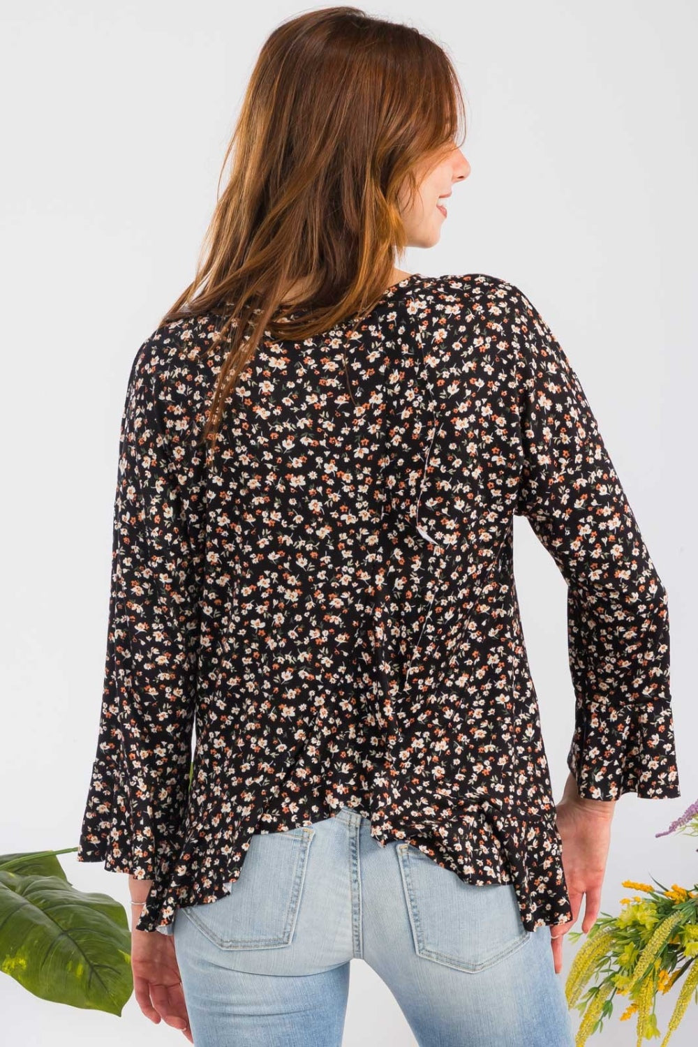 Floral Ruffle Detail Long Sleeve Top