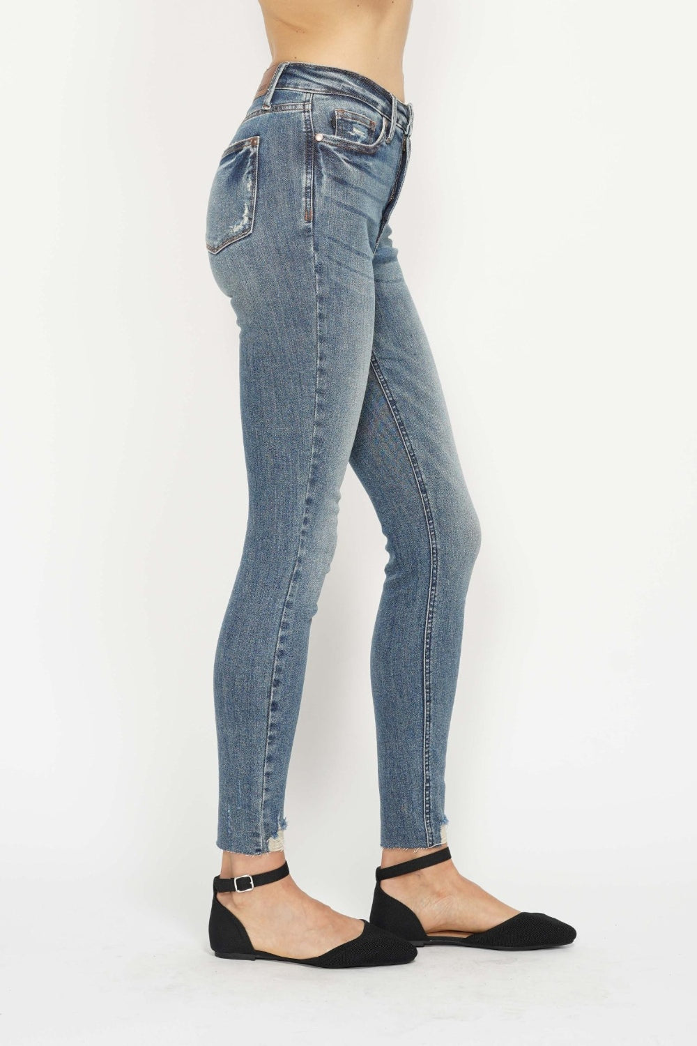 Tummy Control Vintage Wash Hem Destroy Skinny Jeans