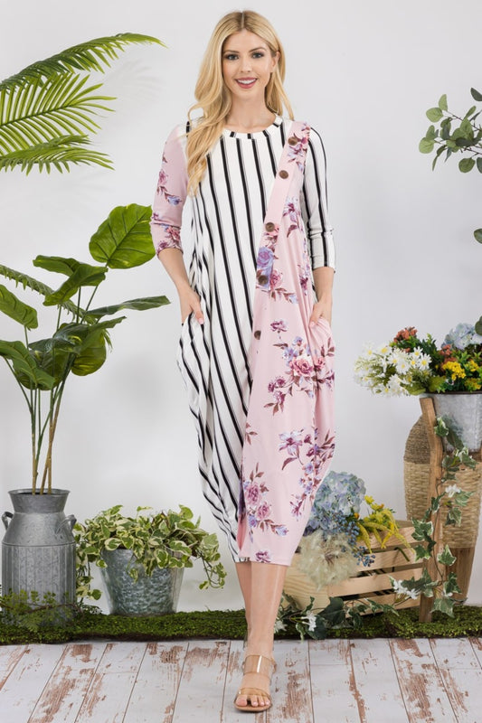 Floral Striped Contrast Midi Dress with Pockets