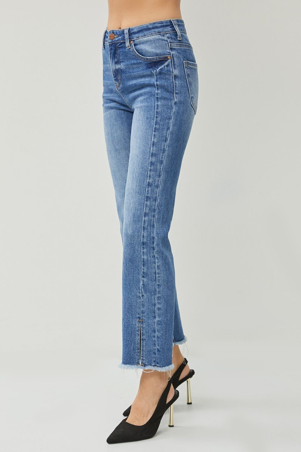 High Waist Raw Hem Slit Straight Jeans