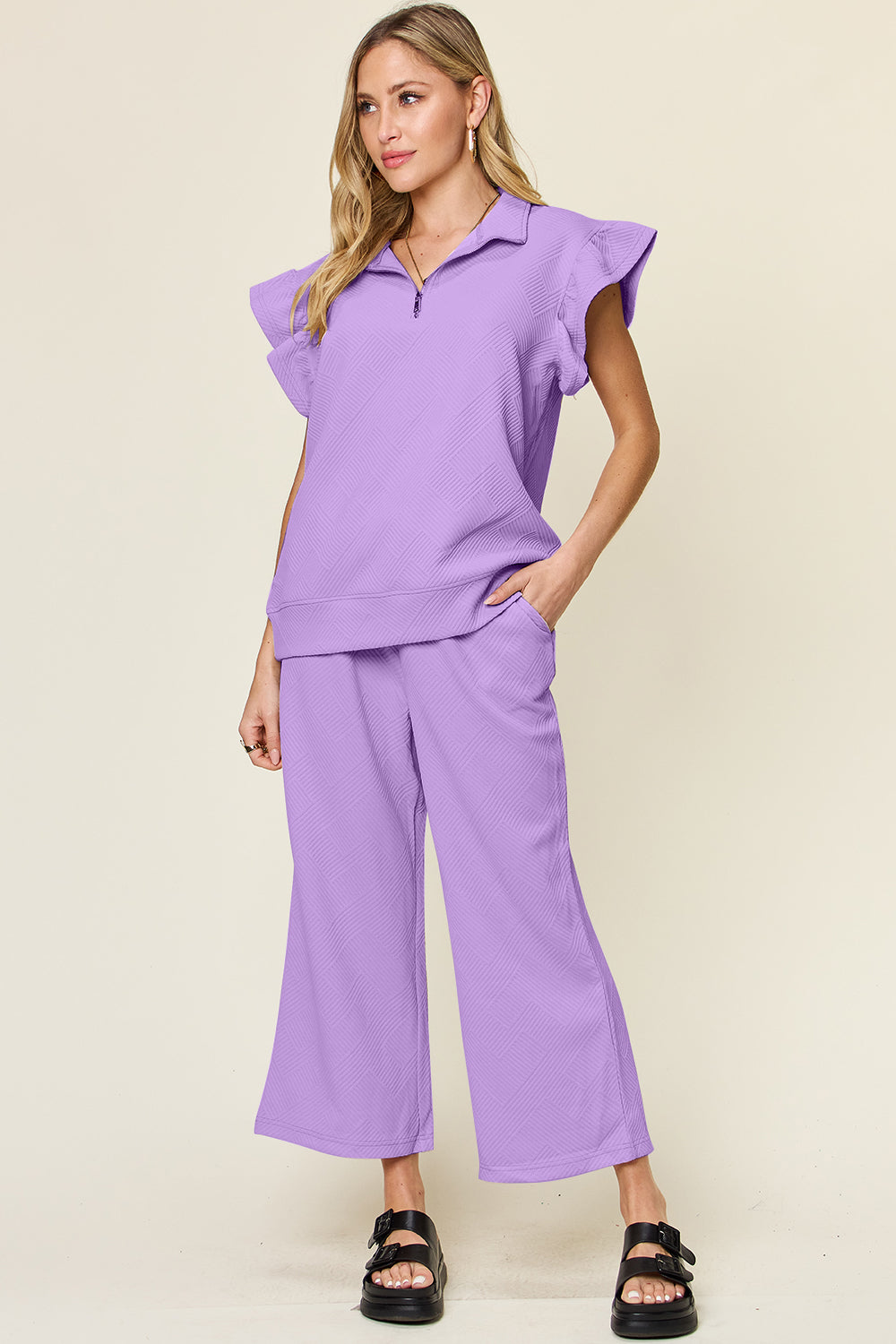 Ruffle Short Sleeve Top and Drawstring Wide Leg Pants Set