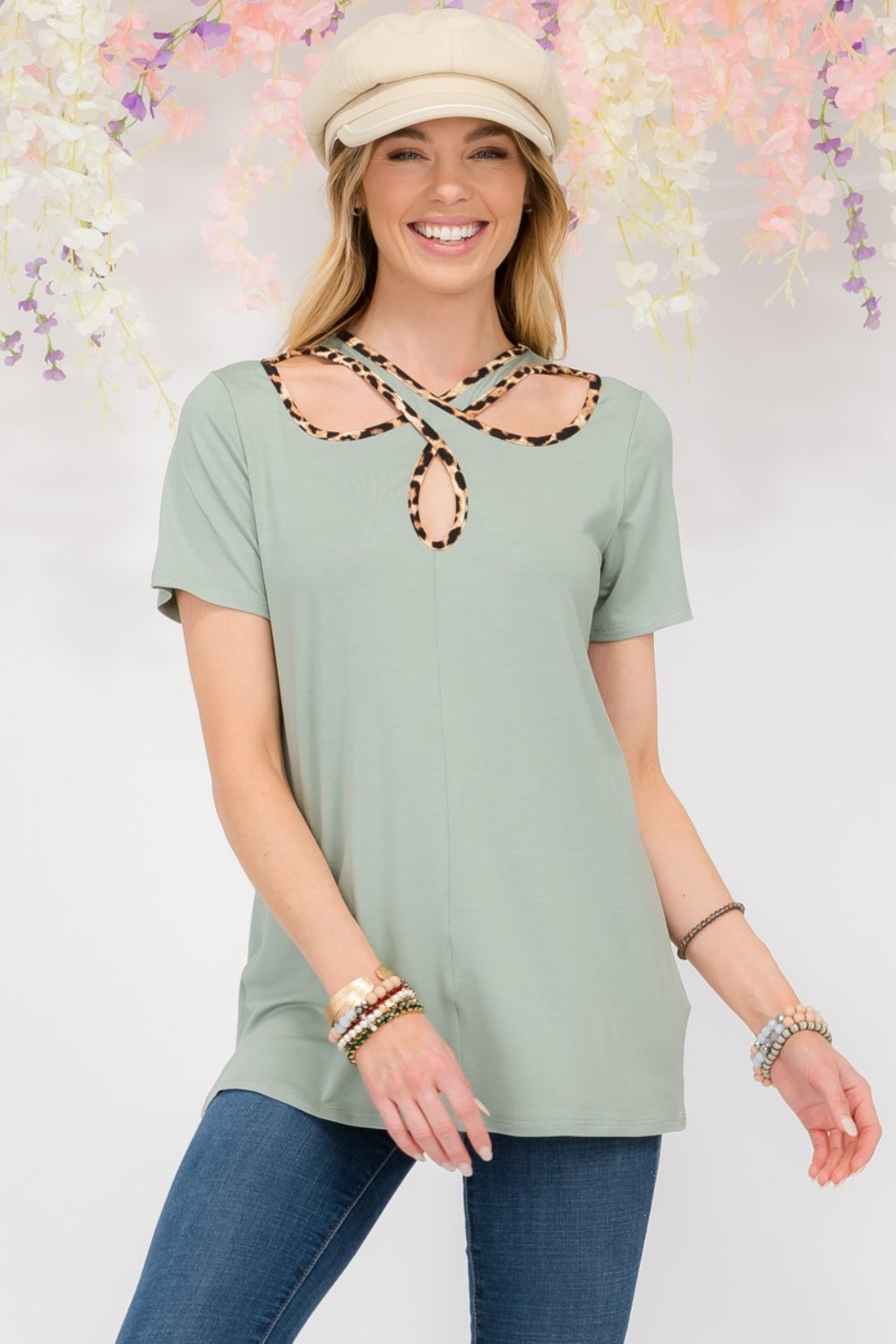 Crisscross Cutout Leopard Contrast Trim T-Shirt