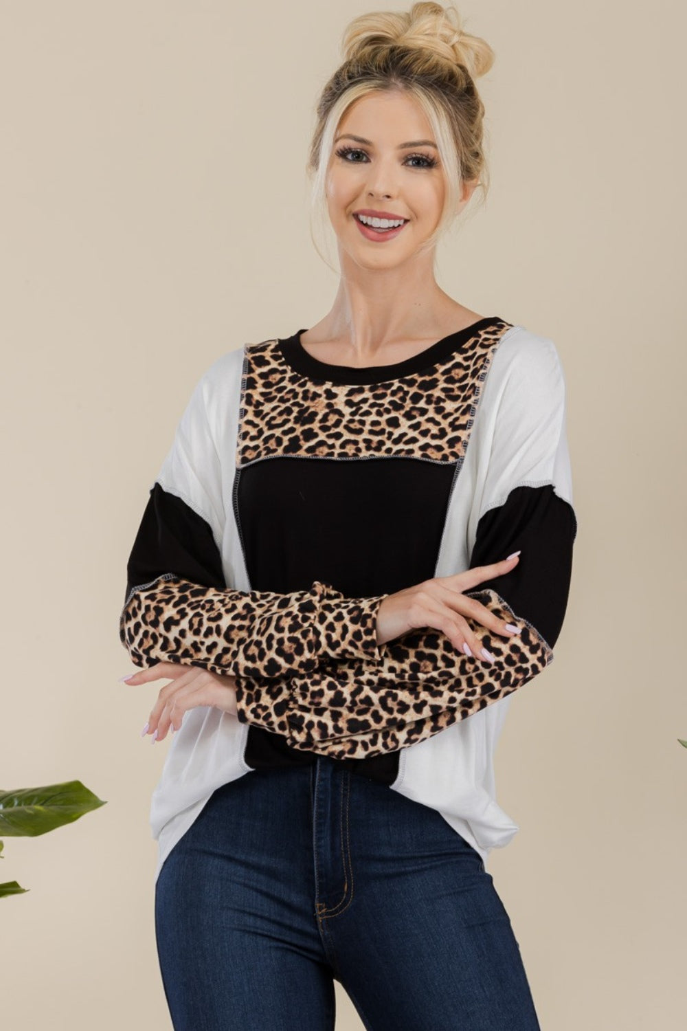 Leopard Color Block Exposed Seam Long Sleeve T-Shirt