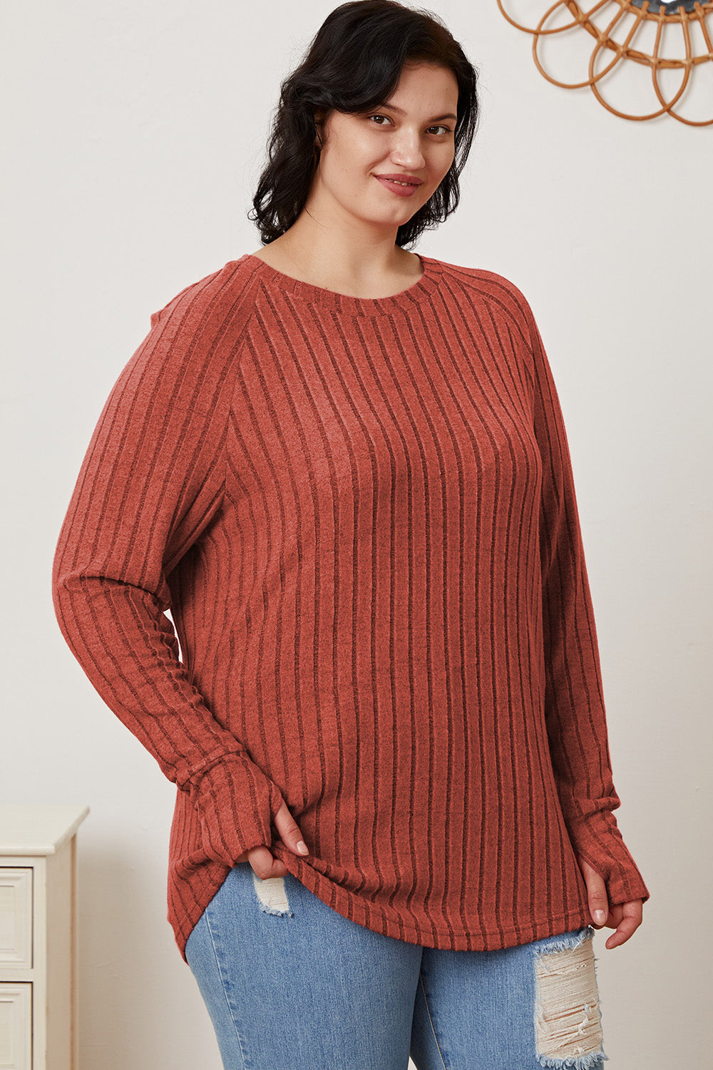 Ribbed Thumbhole Sleeve T-Shirt