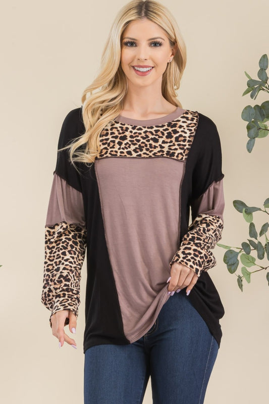 Leopard Color Block Exposed Seam Long Sleeve T-Shirt